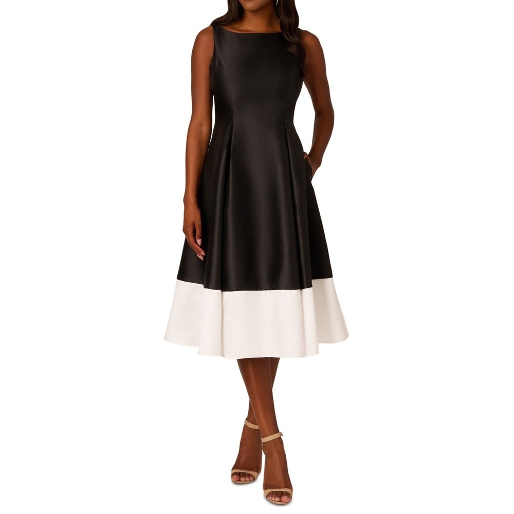 $230 Adrianna Papell Midi Dress Women's Size 2 Black‎ Mikado Pleated Boat Neck